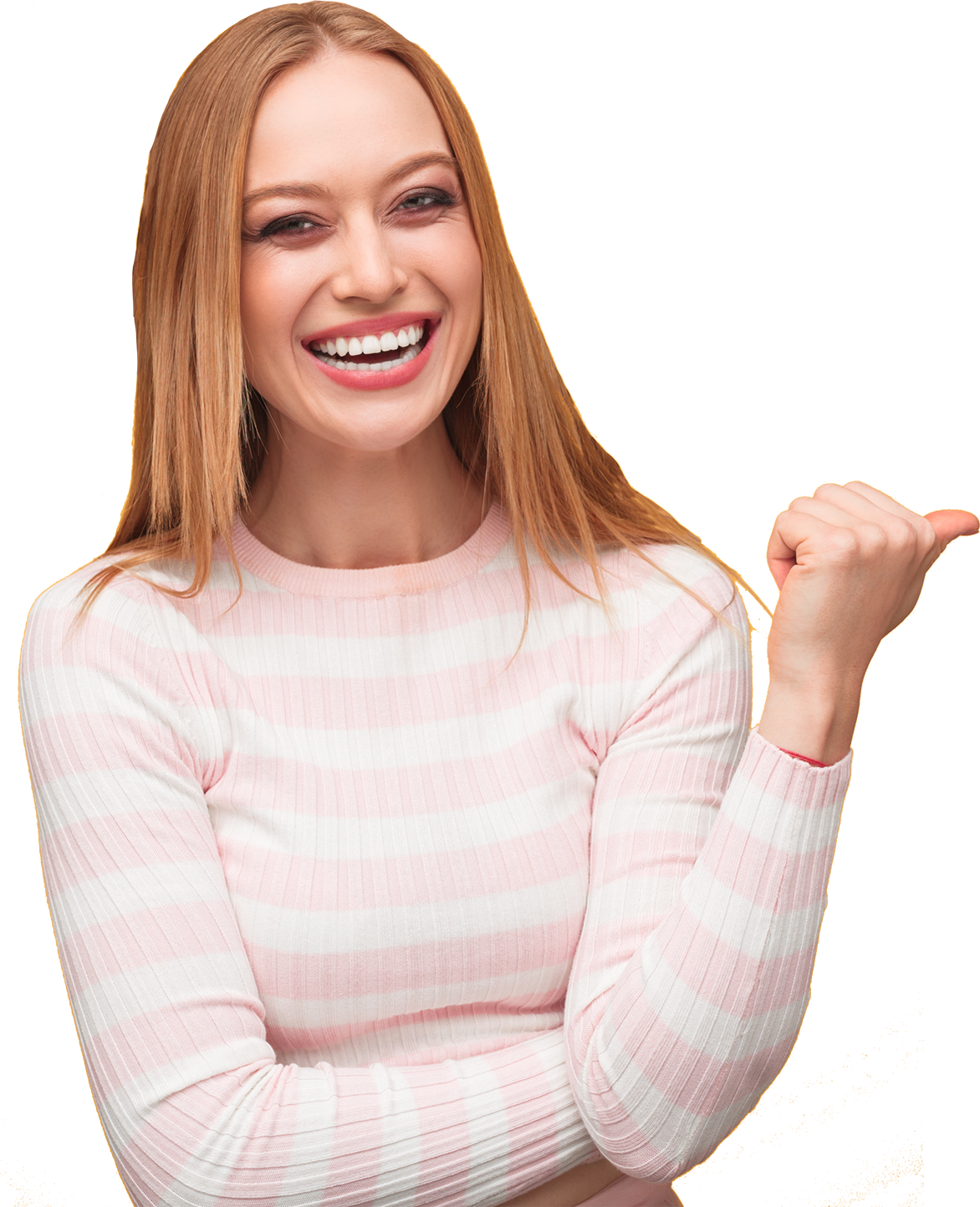 Cheerful Blonde Woman Pointing to the form